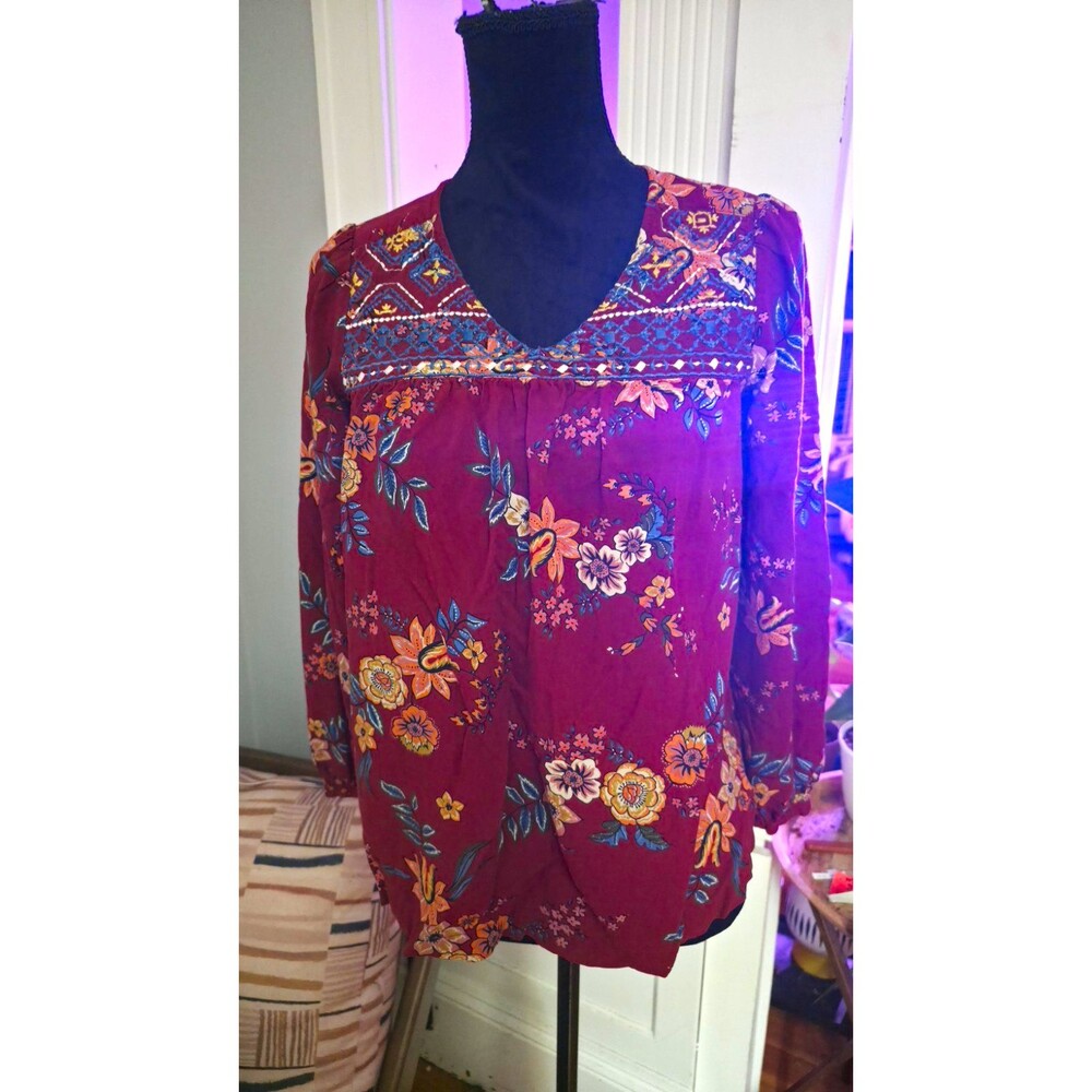 OPT Women’s Burgundy Floral Embroidered V-Neck Long Sleeve Blouse Size S Boho